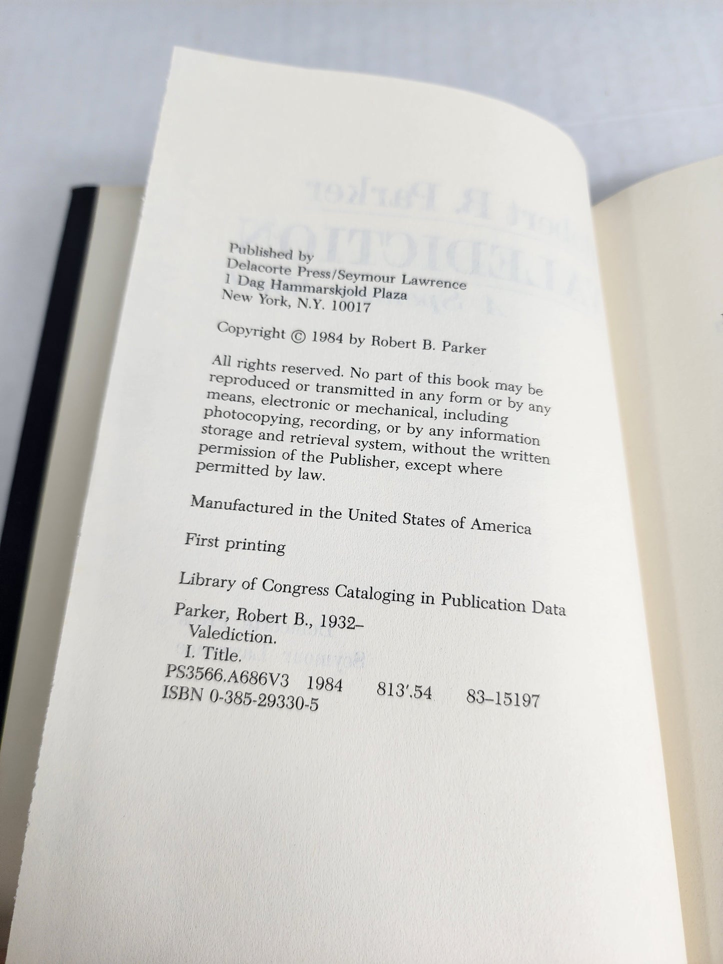 Valediction Robert Parker 1st edition